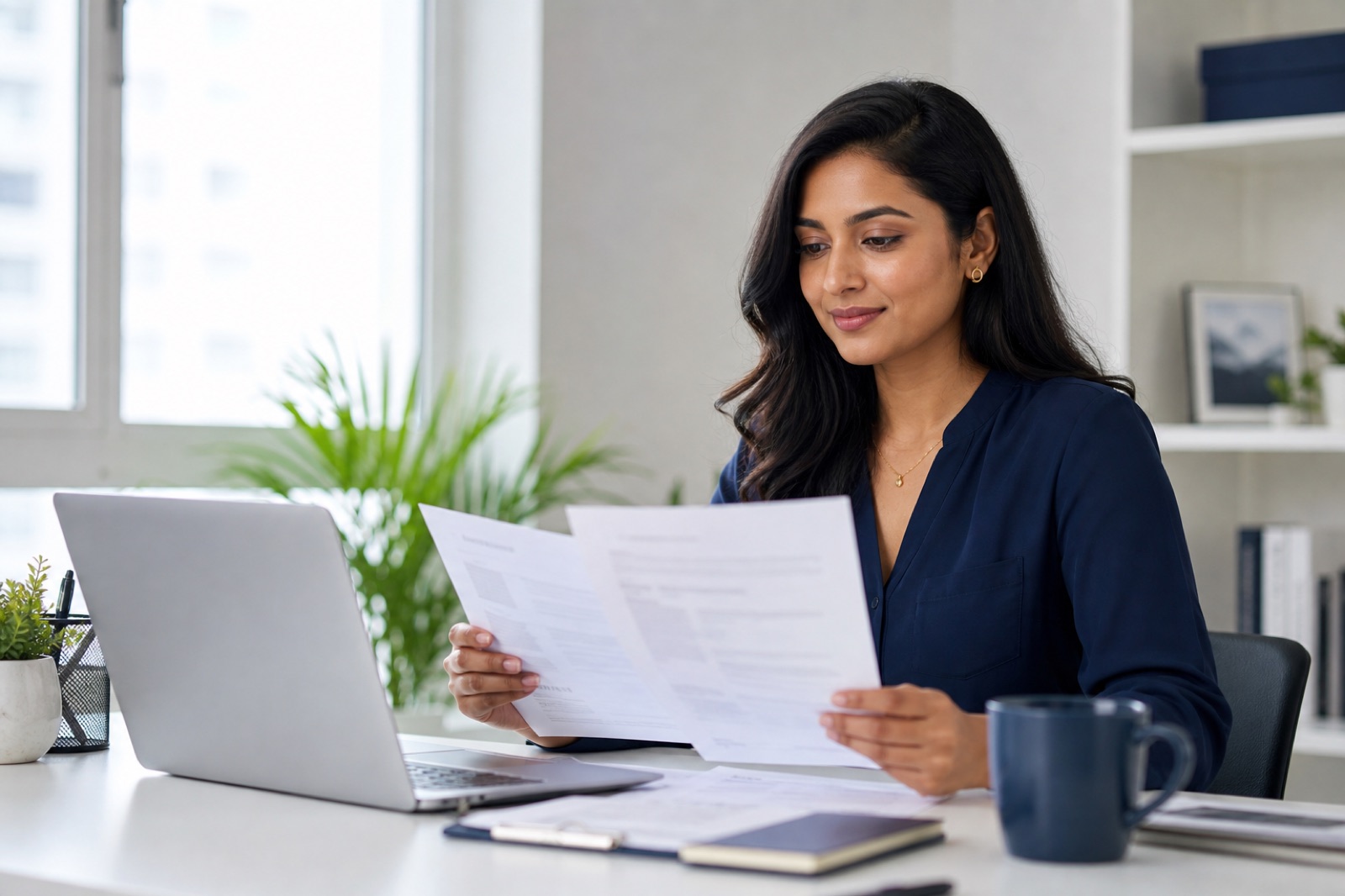 A professional reviewing career documents at a laptop and notebook
